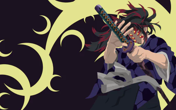 Minimalist 4K Ultra HD anime wallpaper featuring Kokushibo from Demon Slayer: Kimetsu no Yaiba wielding a katana against a dark, abstract background.