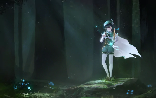 HD PC desktop wallpaper of Venti from Genshin Impact playing a flute in a mystical, dimly lit forest with glowing blue butterflies around.