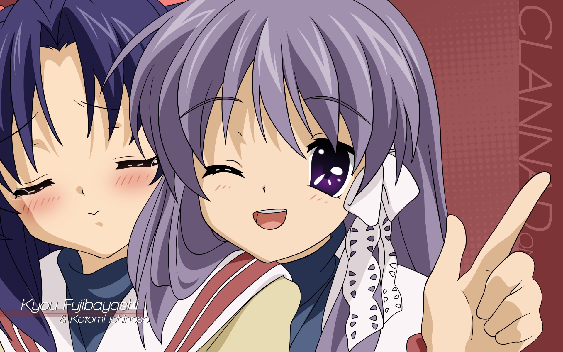 Anime characters Kyou Fujibayashi and Kotomi Ichinose from Clannad on a desktop wallpaper.