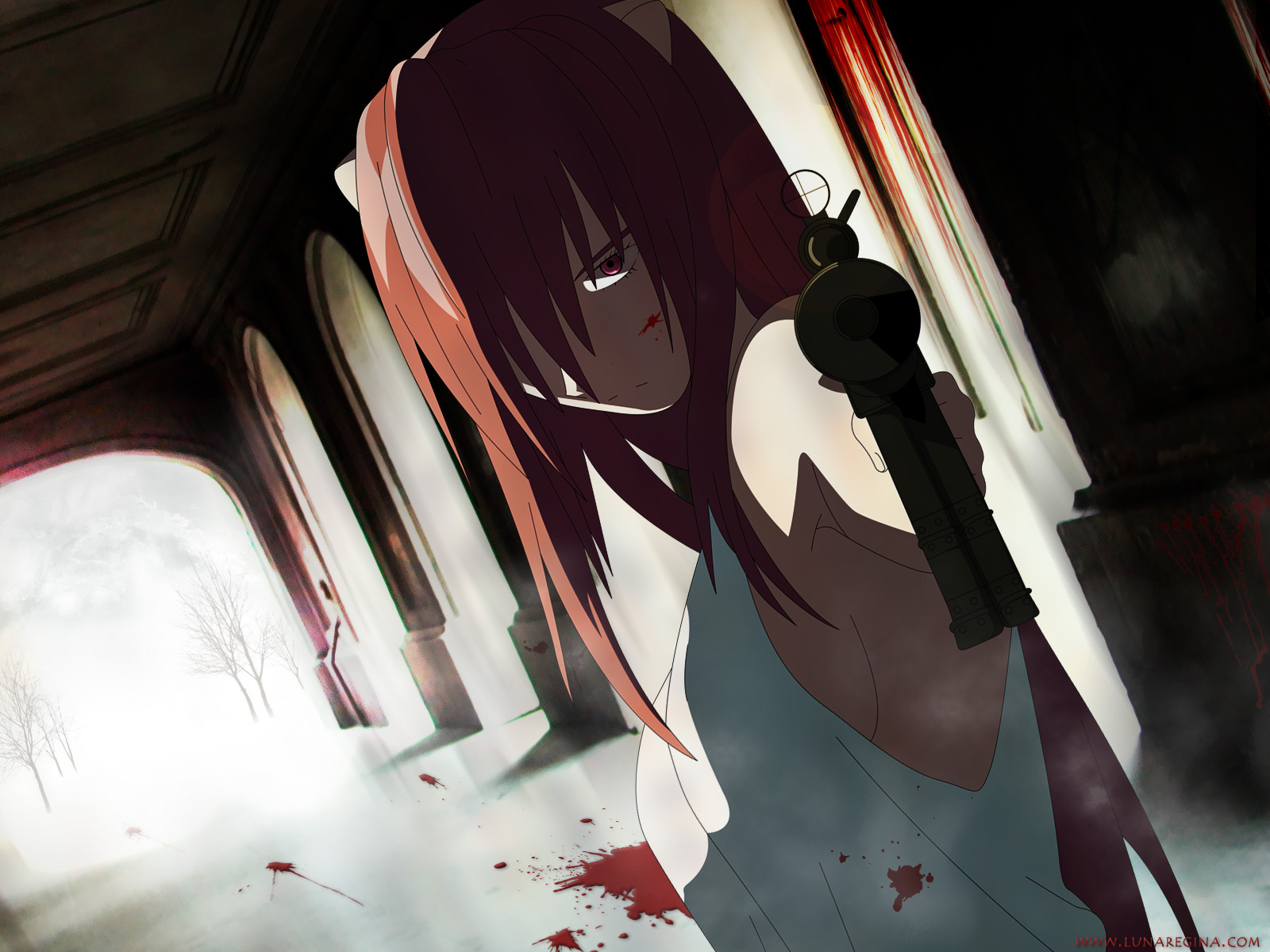 Lucy from Elfen Lied, an anime character with striking red hair, poses confidently amidst a dark background.