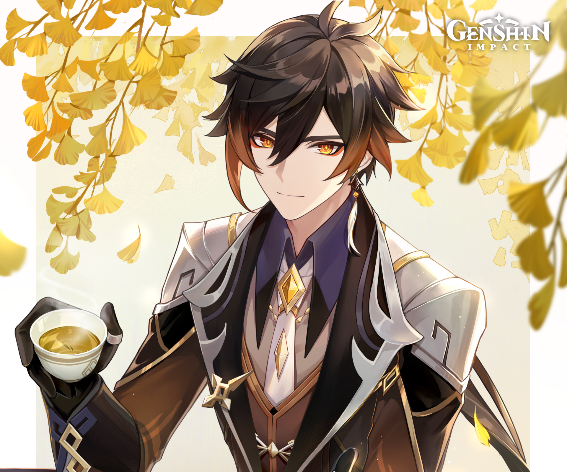 HD PC desktop wallpaper of Zhongli from the video game Genshin Impact, featuring the character with autumn leaves and a cup of tea in a detailed background.