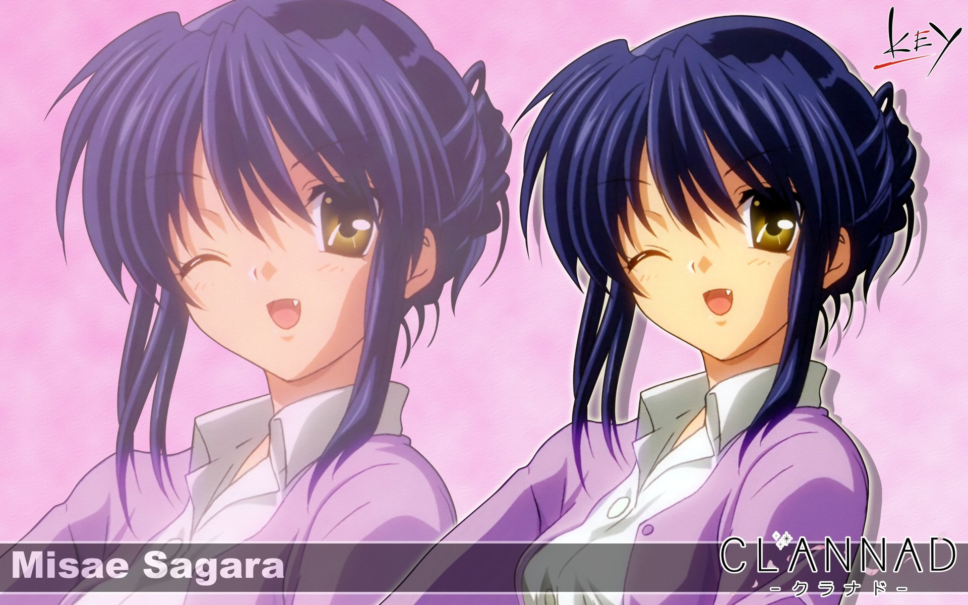 HD PC desktop wallpaper featuring Misae Sagara from the anime Clannad, showcasing two animated versions of the character against a soft pink background.