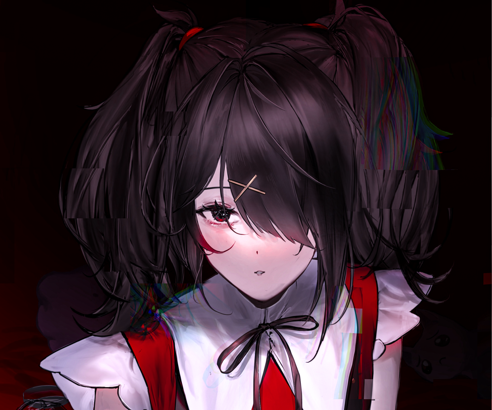 HD desktop wallpaper featuring Ame-chan from the video game NEEDY GIRL OVERDOSE, showcasing her dark hair, red eyes, and distinctive hairpins against a moody background.