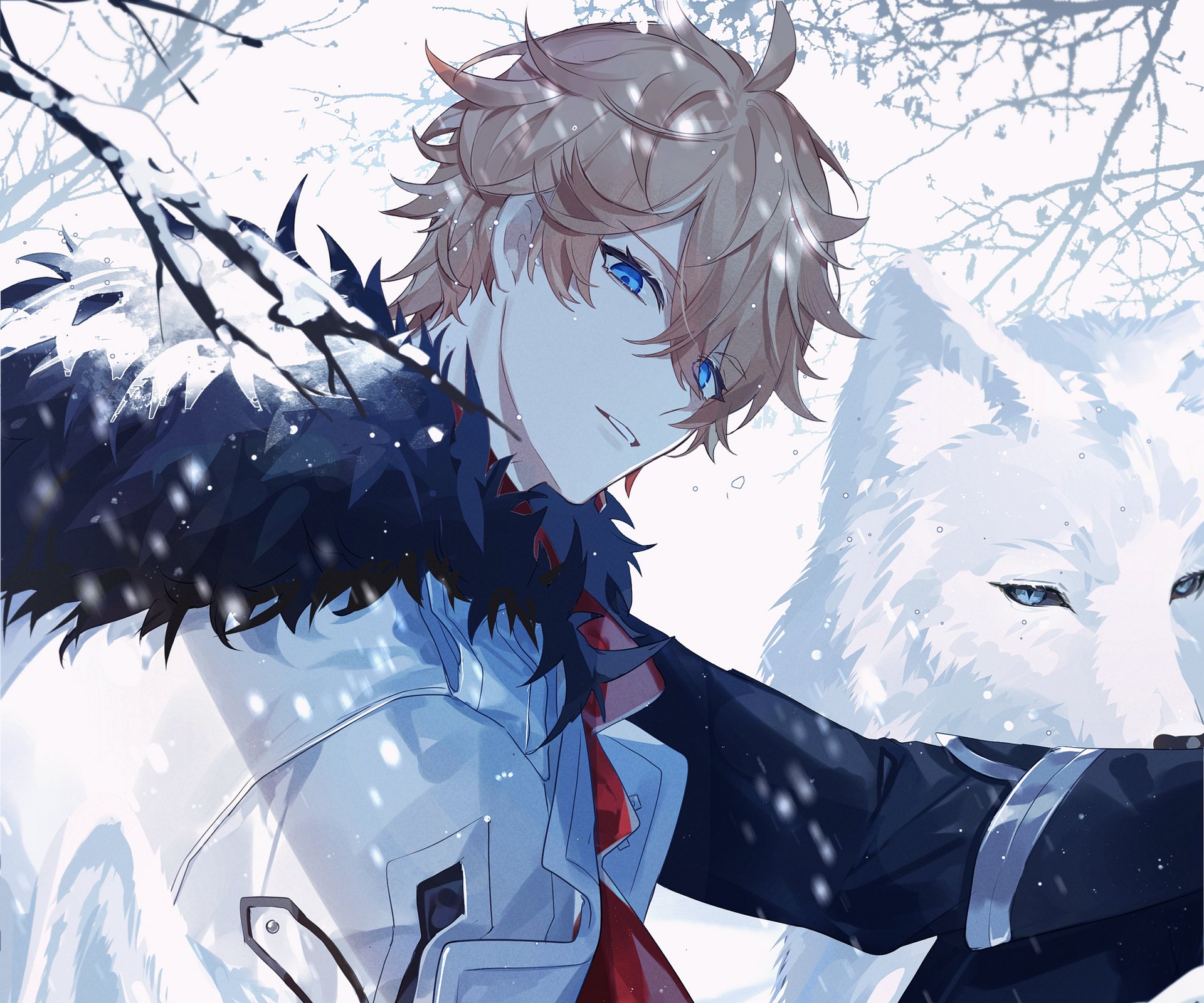 HD PC desktop wallpaper featuring Tartaglia Childe from the video game Genshin Impact, with cool blue tones and a white wolf in the snowy background.