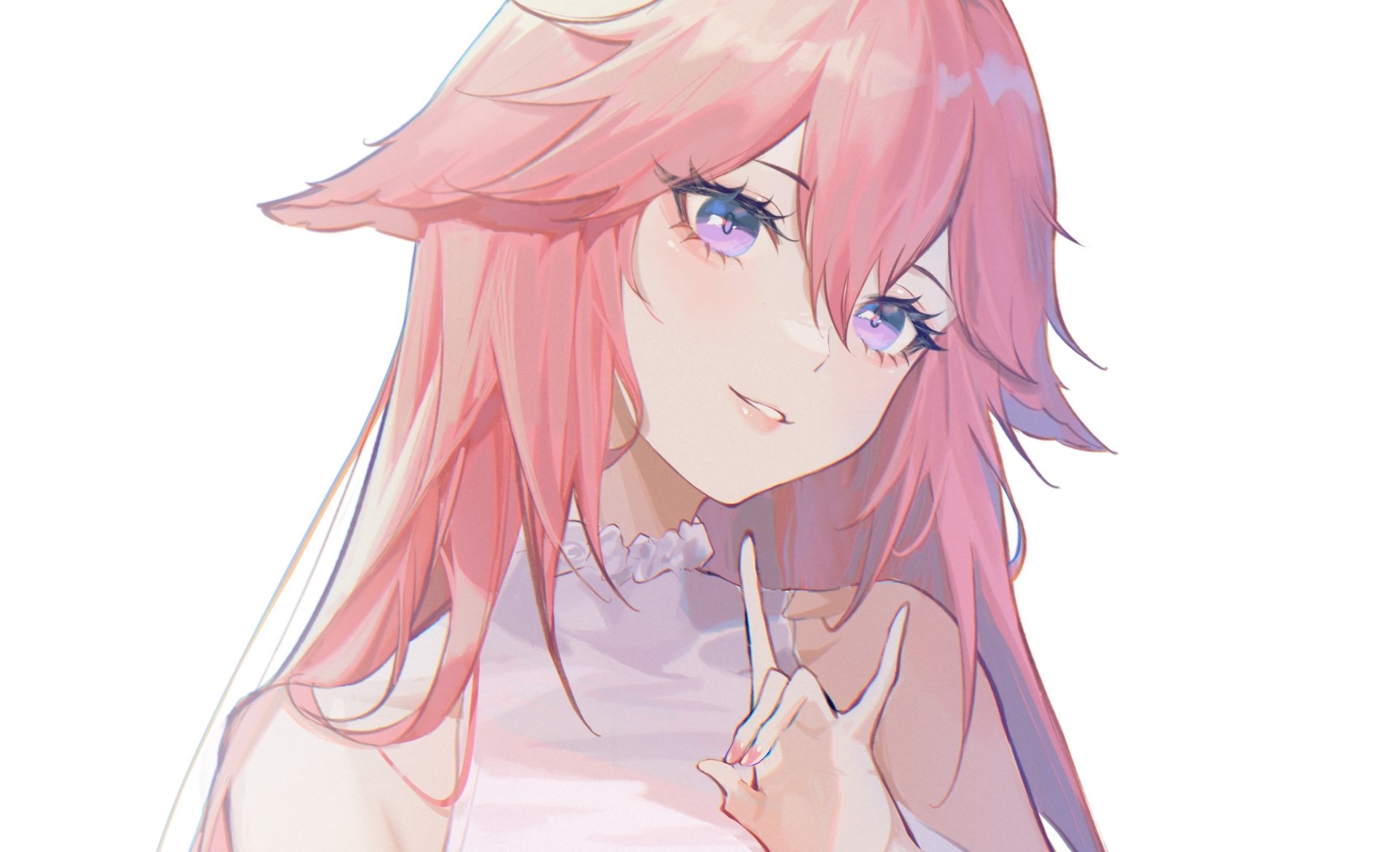 Yae Miko Guuji from Genshin Impact is depicted in a detailed 4K Ultra HD PC desktop wallpaper, showcasing her pink hair and serene expression.