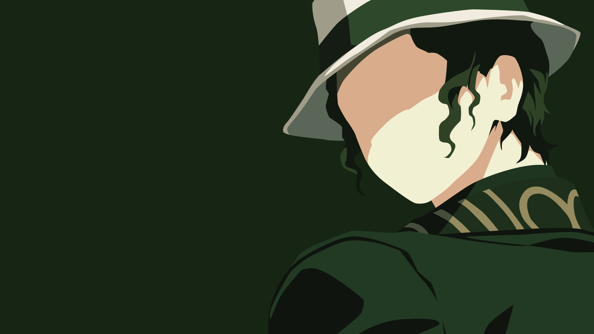 Minimalist anime 4K Ultra HD PC desktop wallpaper: faceless Muzan Kibutsuji from Demon Slayer: Kimetsu no Yaiba, dark green palette, hat and curled hair.