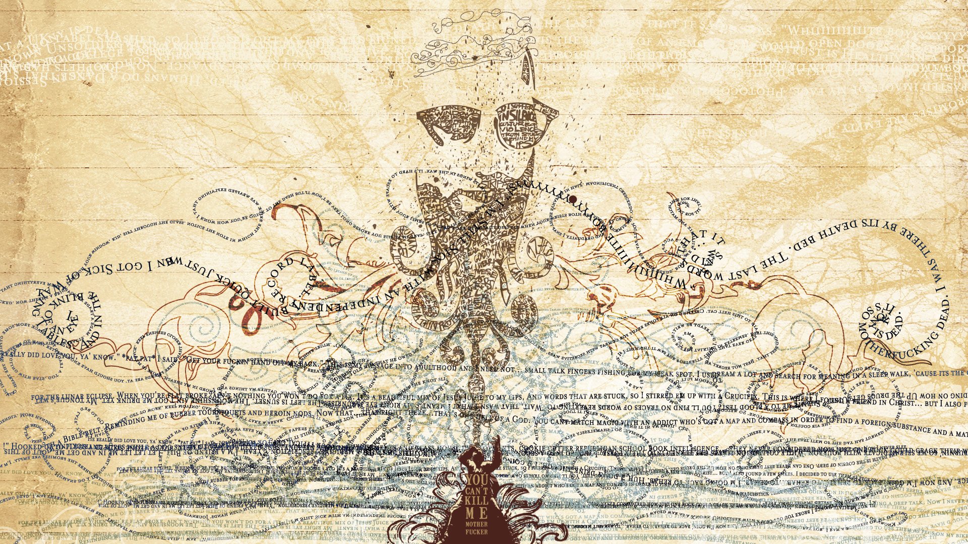 Music-themed HD PC desktop wallpaper: vintage beige background with ornate inked octopus-face made of script and musical notation, radiating sunburst rays and layered handwritten lines.