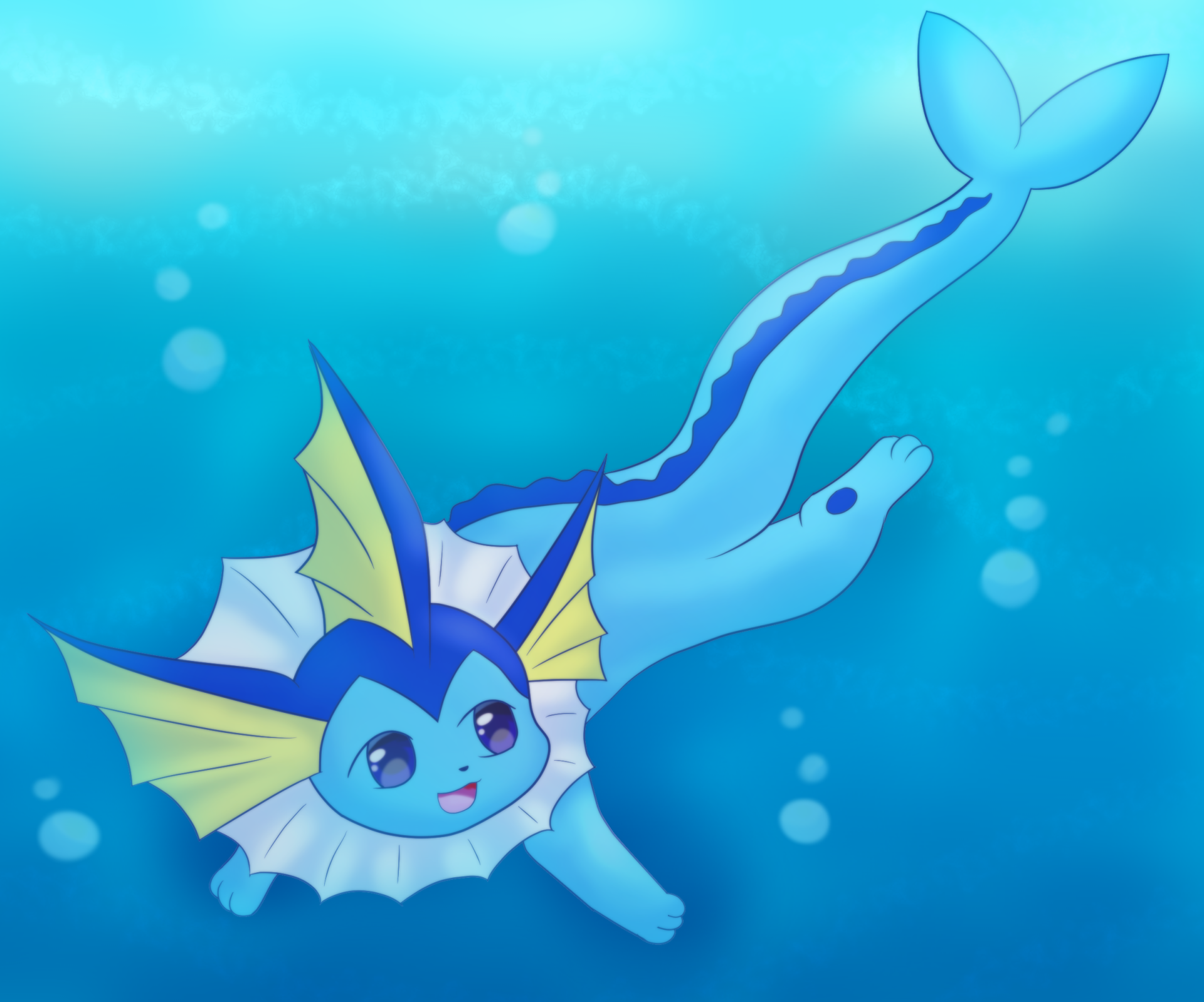 Anime-style HD PC desktop wallpaper of Vaporeon (Pokémon) swimming through blue water with bubbles and soft light rays.
