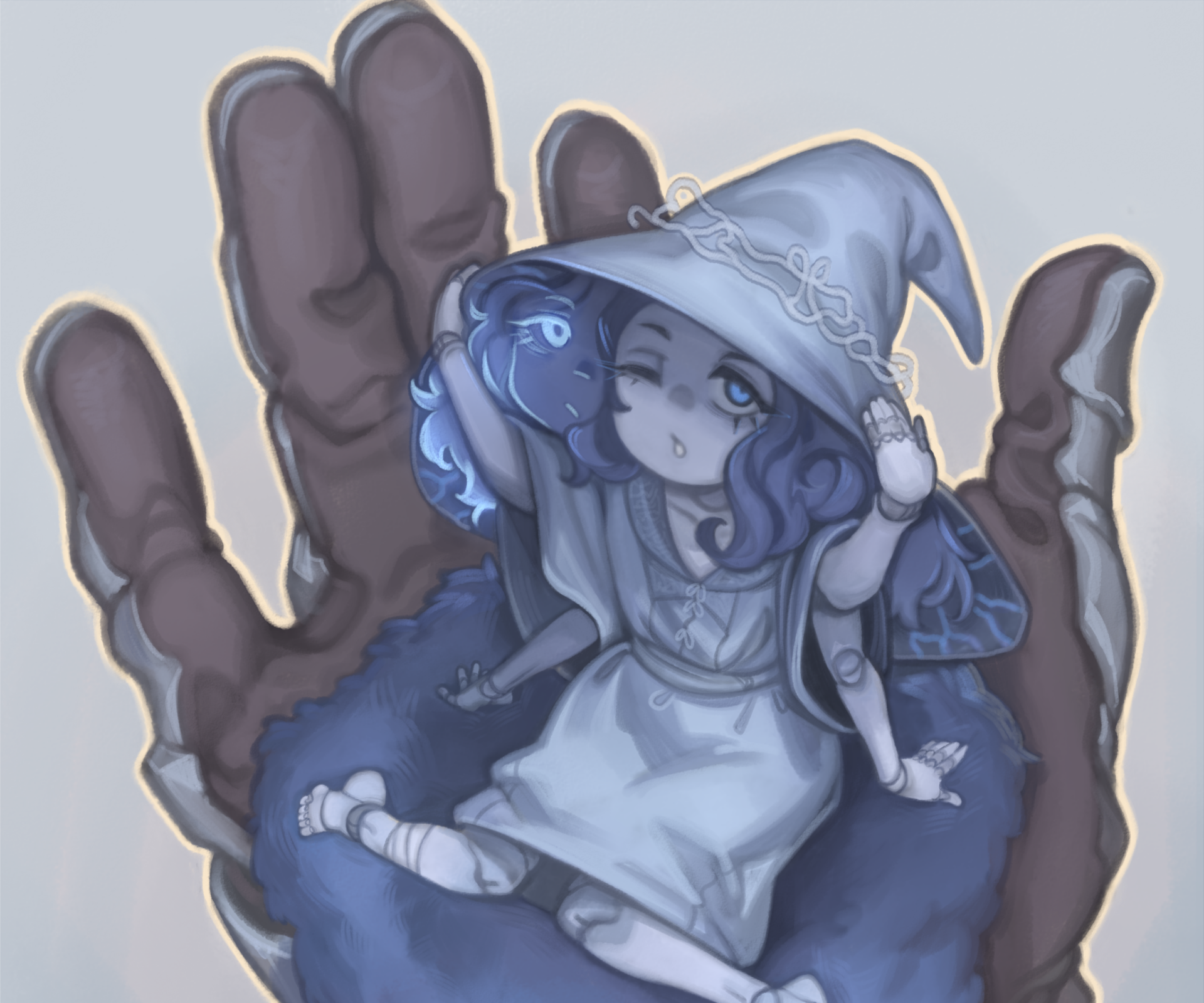 HD PC desktop wallpaper featuring Ranni the Witch from the video game Elden Ring, depicted with blue hair, a witch hat, and sitting in an open hand.