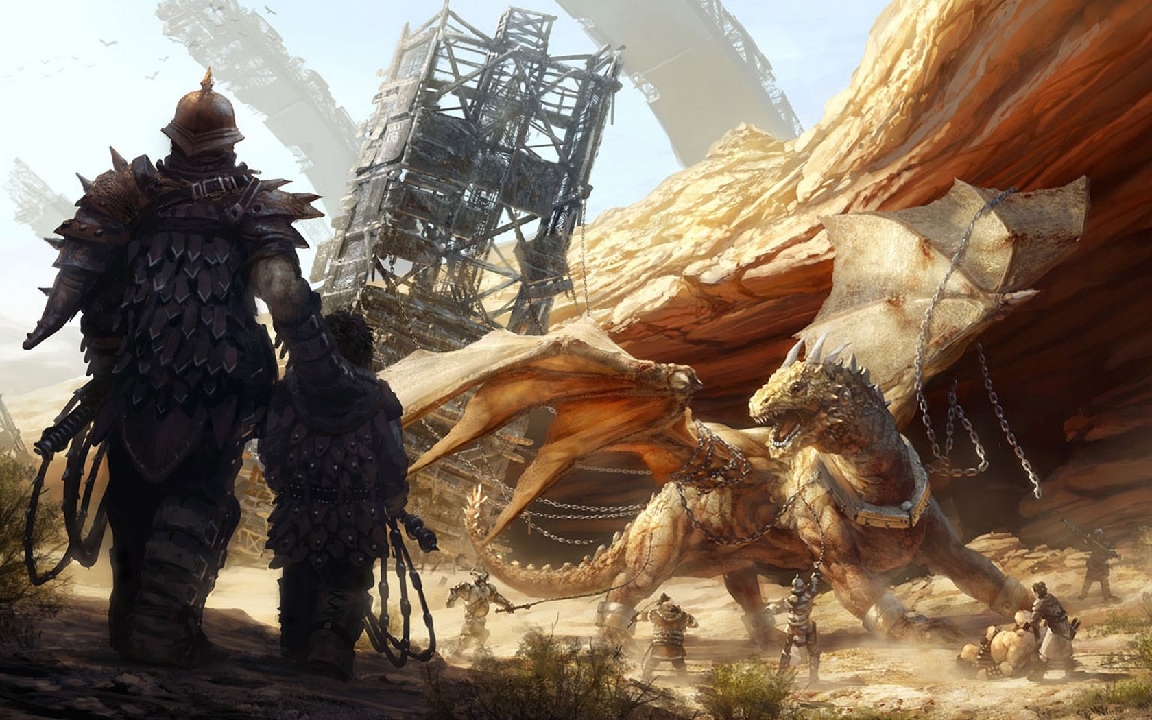 A stunning HD fantasy scene features a majestic dragon with armored figures in a desert landscape, against the backdrop of towering ruins and dramatic rock formations.