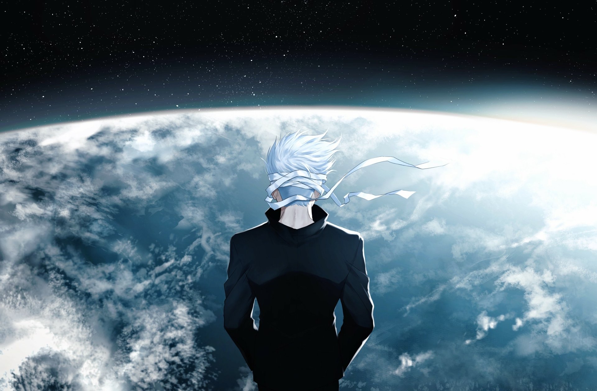 HD PC desktop wallpaper featuring Satoru Gojo from the anime Jujutsu Kaisen, standing with his back to the viewer against a view of Earth from space.
