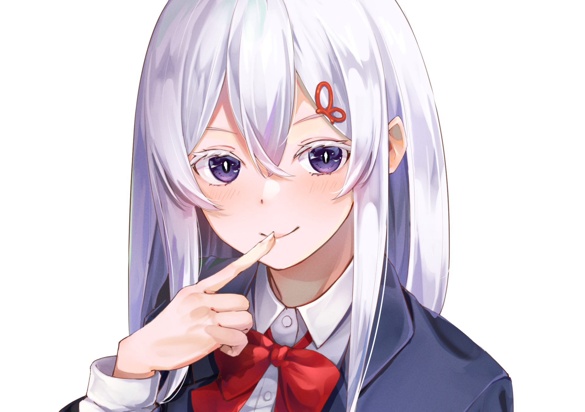 HD PC desktop wallpaper of Echidna (Re:Zero) — close-up anime portrait with silver hair, violet eyes, school uniform and red bow, finger to lips and a subtle, knowing smile.