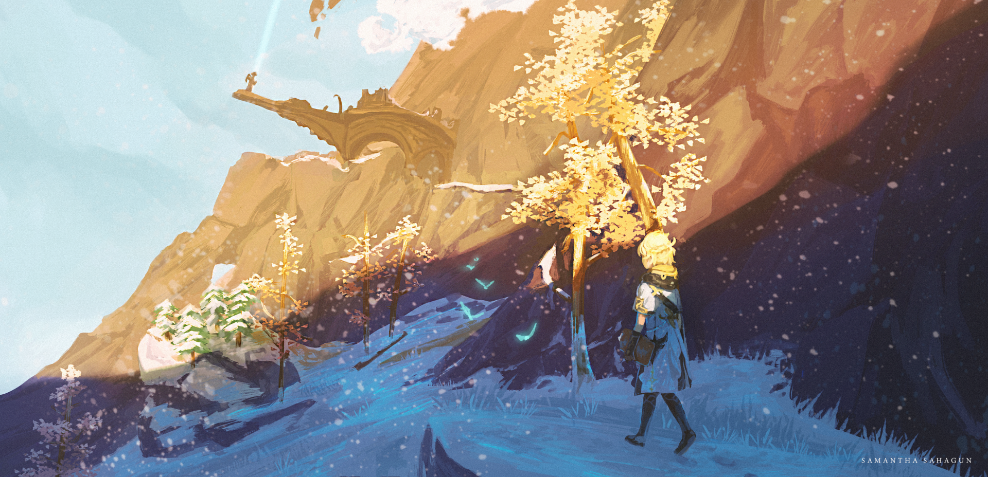 Albedo (Genshin Impact) stands beneath golden trees on a snowy blue cliff — video game 2K Quad HD PC desktop wallpaper/background.