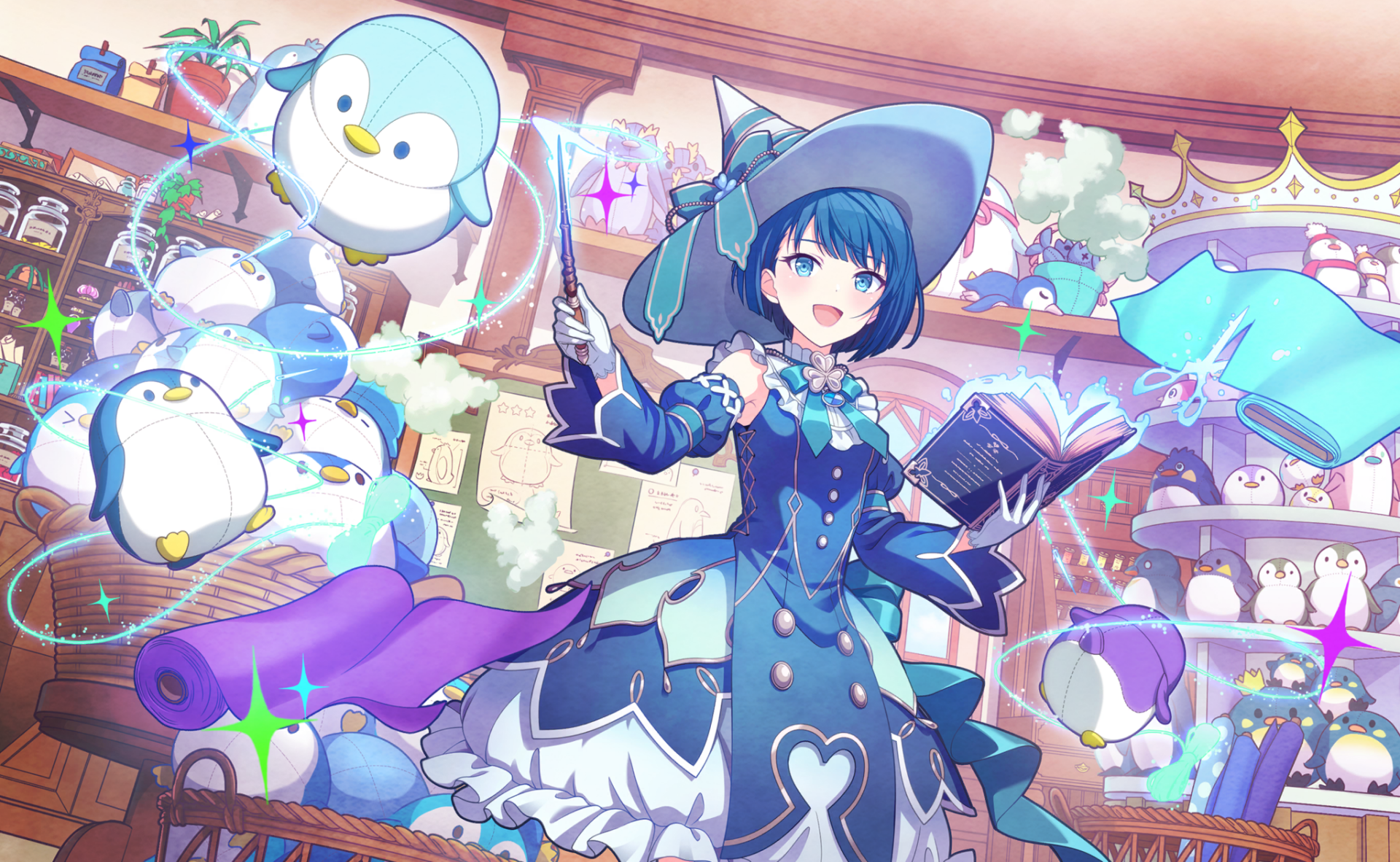 HD PC desktop wallpaper featuring Kiritani Haruka from the video game Project Sekai: Colorful Stage! feat. Hatsune Miku, dressed in a blue witch outfit surrounded by penguins.