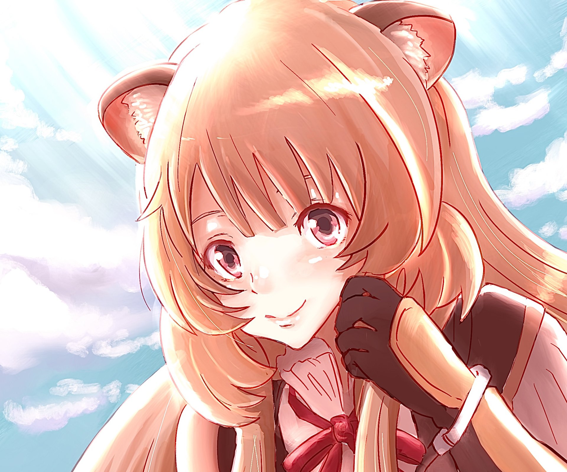 HD PC desktop wallpaper featuring Raphtalia from The Rising of the Shield Hero anime, showcasing her with bright eyes and fox-like ears against a blue sky background.