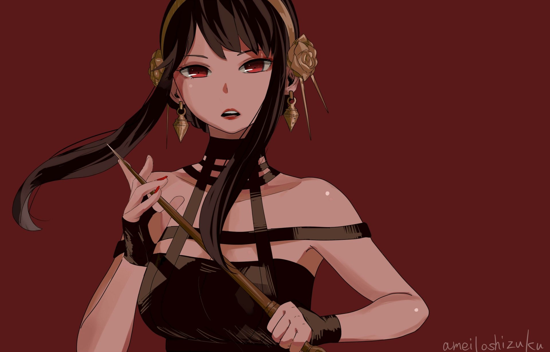 A striking HD wallpaper featuring Yor Forger from the anime Spy x Family, showcasing her with a serious expression and intricate outfit against a rich red background.