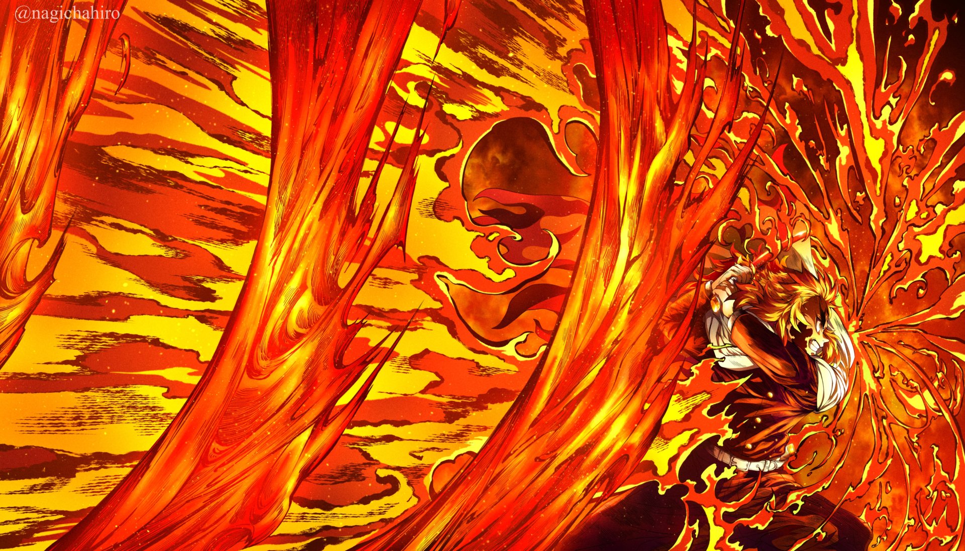 4K Ultra HD anime wallpaper featuring Kyojuro Rengoku from Demon Slayer: Kimetsu no Yaiba engulfed in intense, fiery flames with dynamic, vibrant orange and yellow hues.