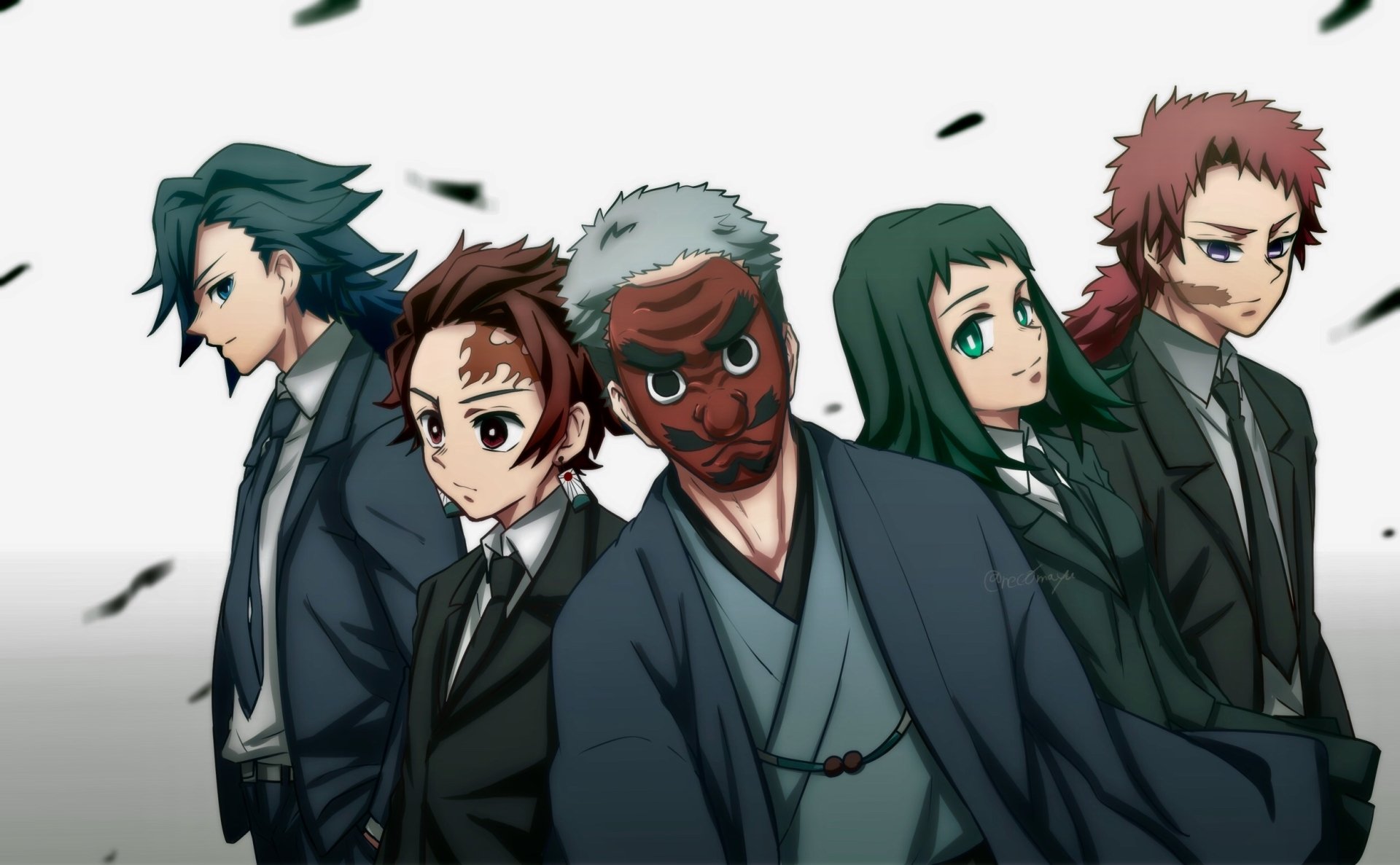 HD PC desktop wallpaper and background of Demon Slayer: Kimetsu no Yaiba — anime characters Giyuu Tomioka, Sakonji Urokodaki, Makomo, Sabito and Tanjiro in suits.