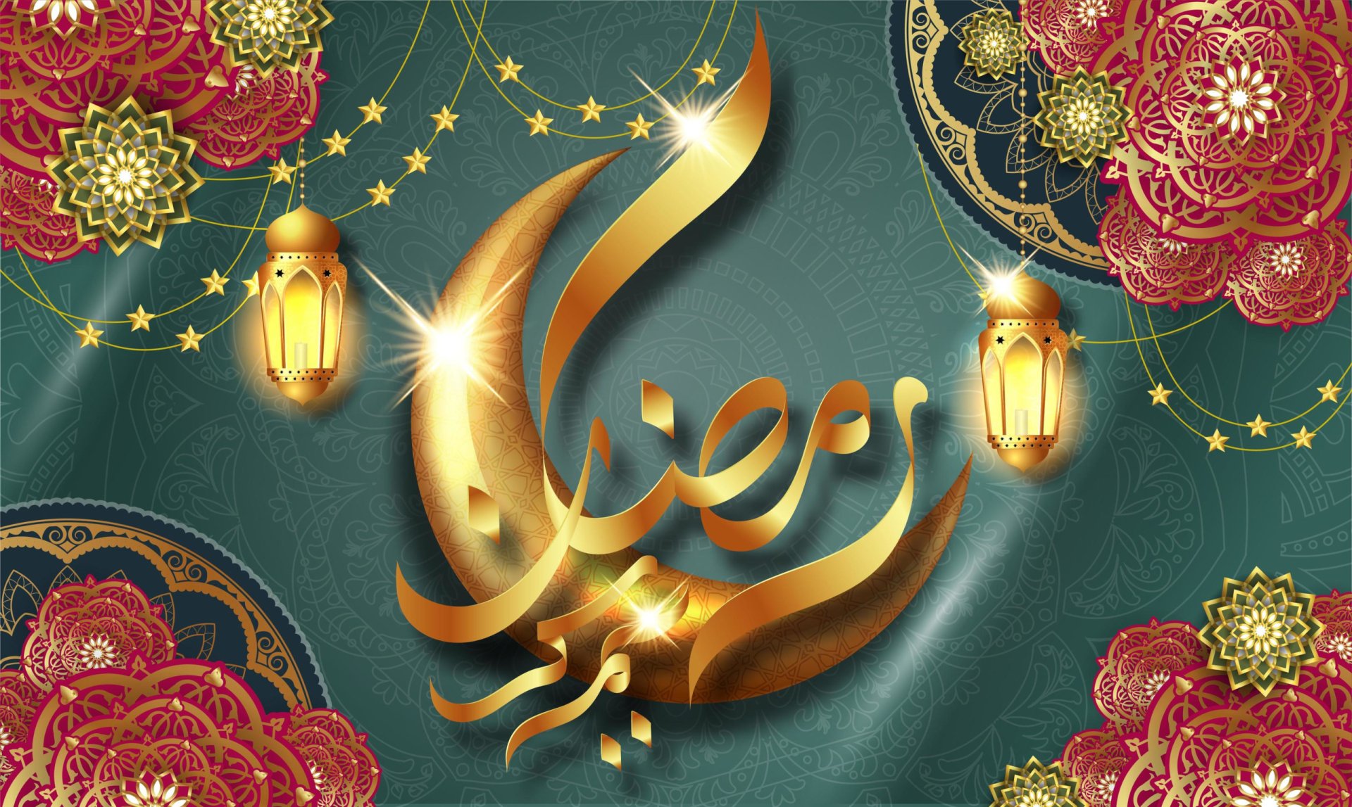 2K Quad HD religious Ramadan desktop wallpaper: gold Arabic Ramadan Kareem calligraphy with glowing lanterns, stars and intricate floral mandalas on a teal background.