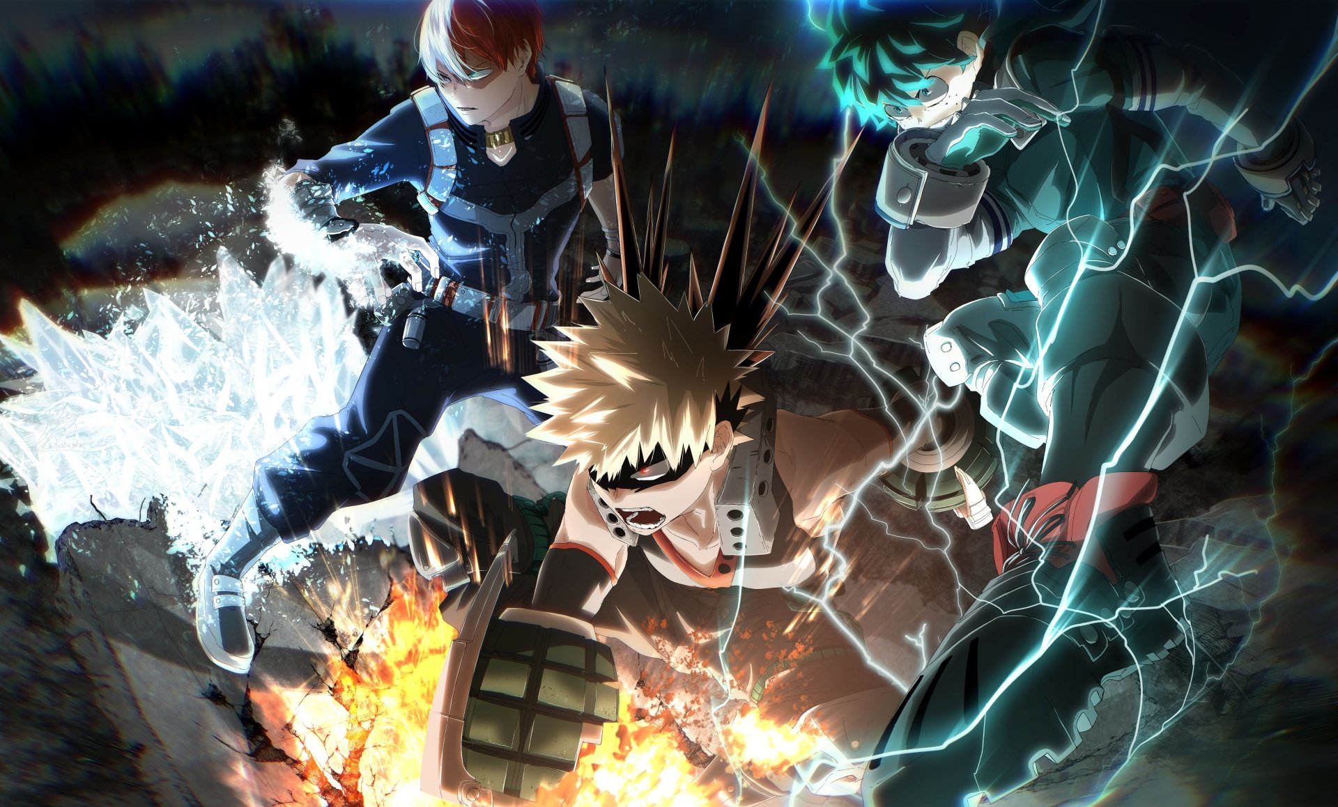 An 8K Ultra HD My Hero Academia wallpaper featuring Shoto Todoroki, Katsuki Bakugou, and Izuku Midoriya in dynamic action poses with elemental effects.