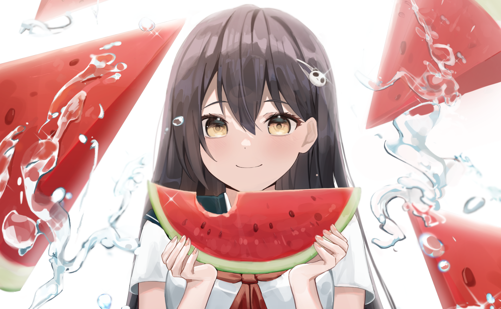 HD anime wallpaper of a girl with dark hair holding a slice of watermelon, surrounded by dynamic splashes of water and watermelon pieces.