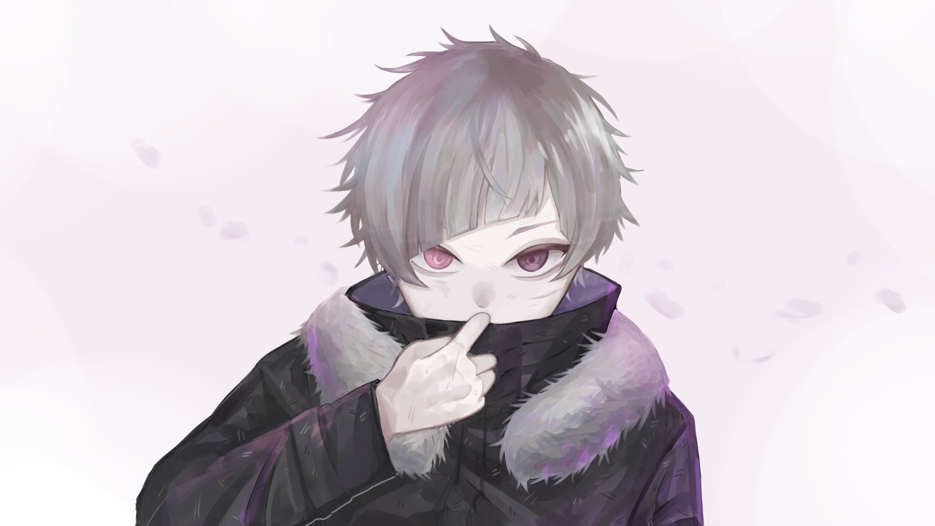 Atsushi Nakajima (Bungou Stray Dogs) — anime HD PC wallpaper: ash-gray hair, pink-lilac eyes, fur-collared dark coat, hand to mouth, soft pastel background with drifting petals.