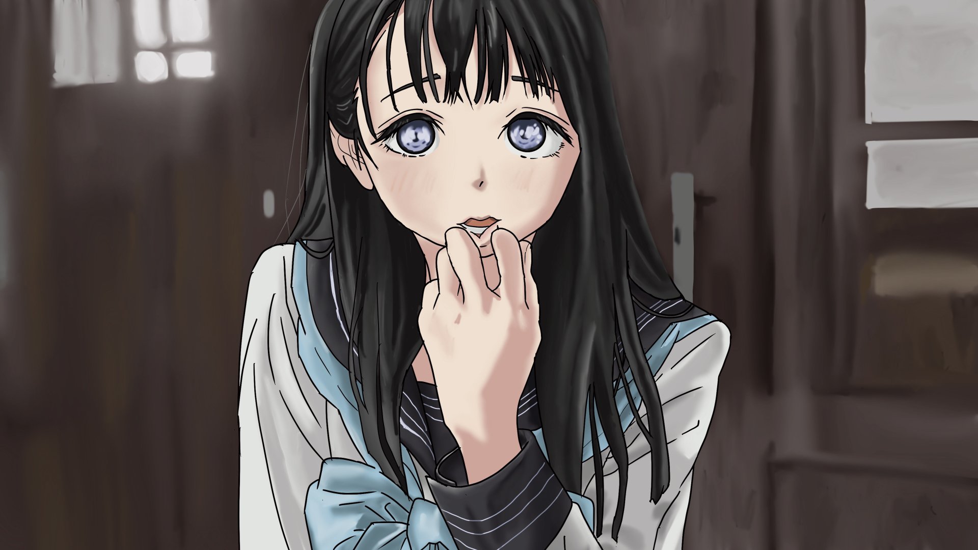 Komichi Akebi in Akebi's sailor uniform, shy pose with fingers to her lips, soft indoor lighting — anime 4K Ultra HD PC desktop wallpaper/background.