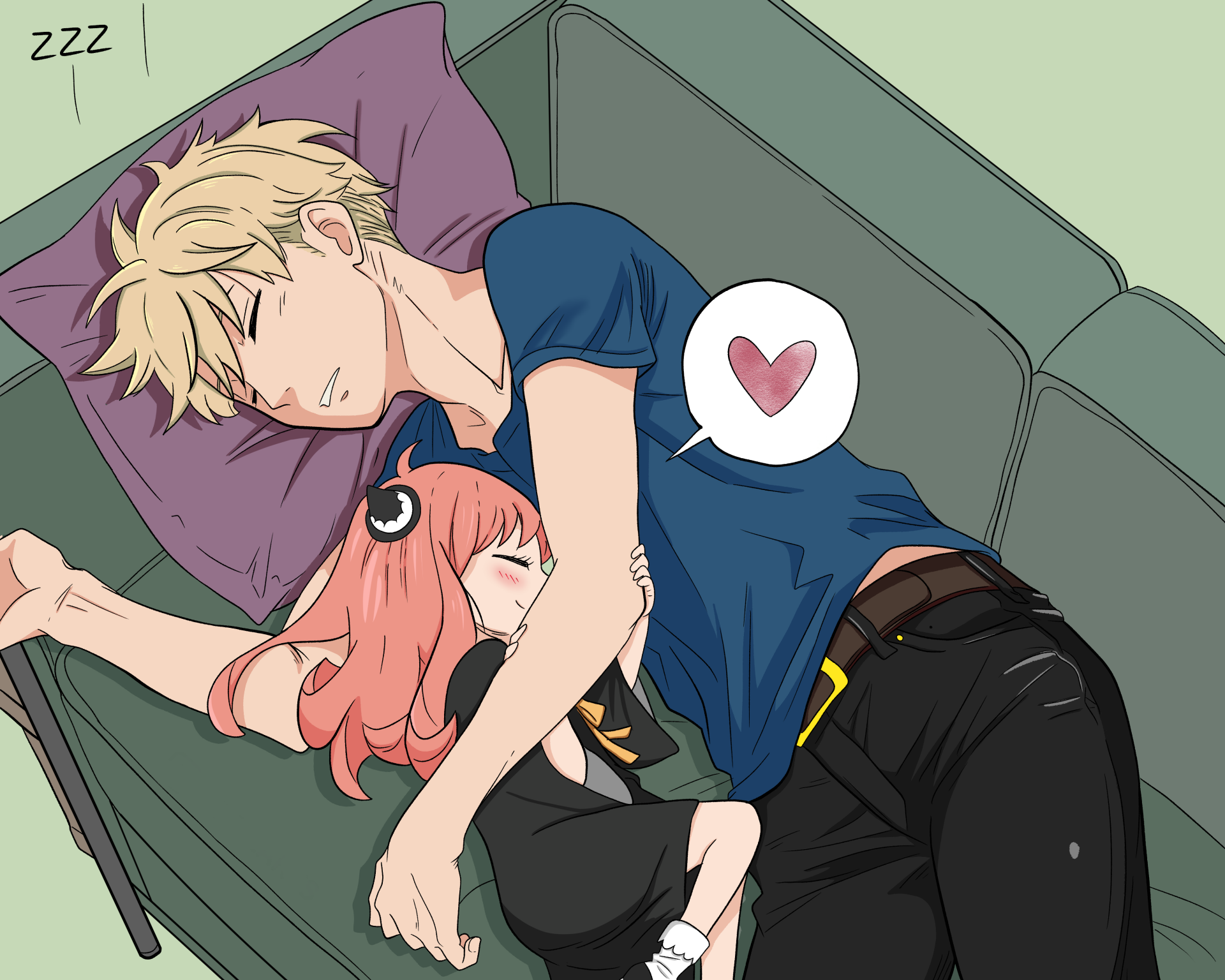 Loid Forger and Anya Forger from Spy x Family peacefully nap together on a couch, capturing a heartwarming moment in this vibrant 4K Ultra HD anime wallpaper.