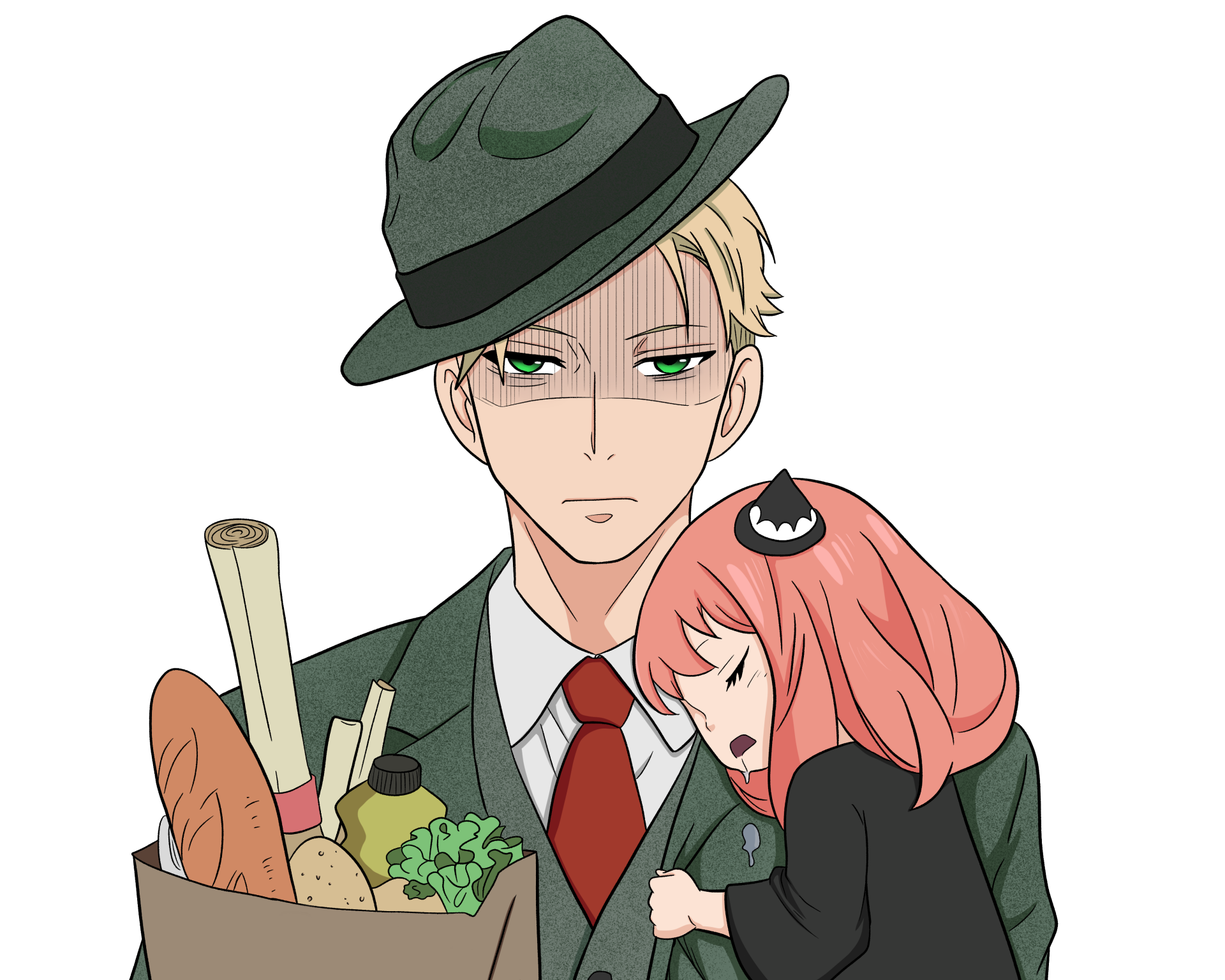 Anya Forger asleep on Loid Forger’s shoulder in a detailed 4K Ultra HD anime-style Spy x Family desktop wallpaper.