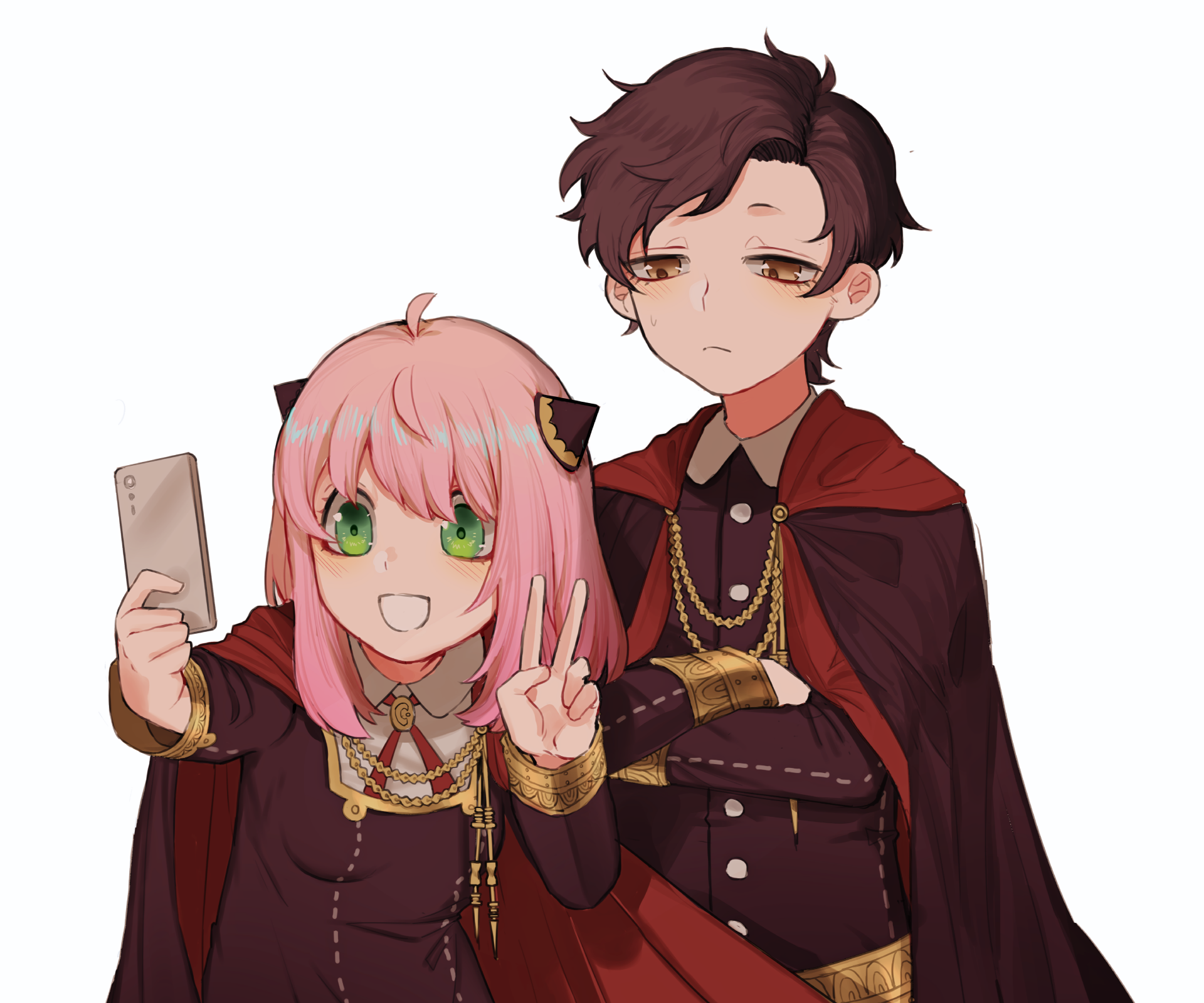 Anime 4K Ultra HD PC wallpaper: Anya Forger grinning and posing with a phone while reserved Damian Desmond stands beside her in matching capes (Spy x Family).