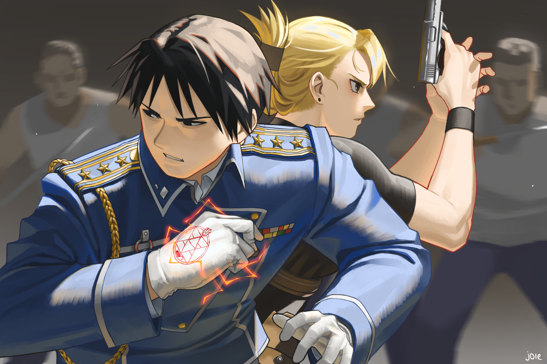 Roy Mustang and Riza Hawkeye from Fullmetal Alchemist back-to-back, Mustang sparking flame alchemy as Riza aims her pistol — 2K Quad HD anime PC desktop wallpaper.