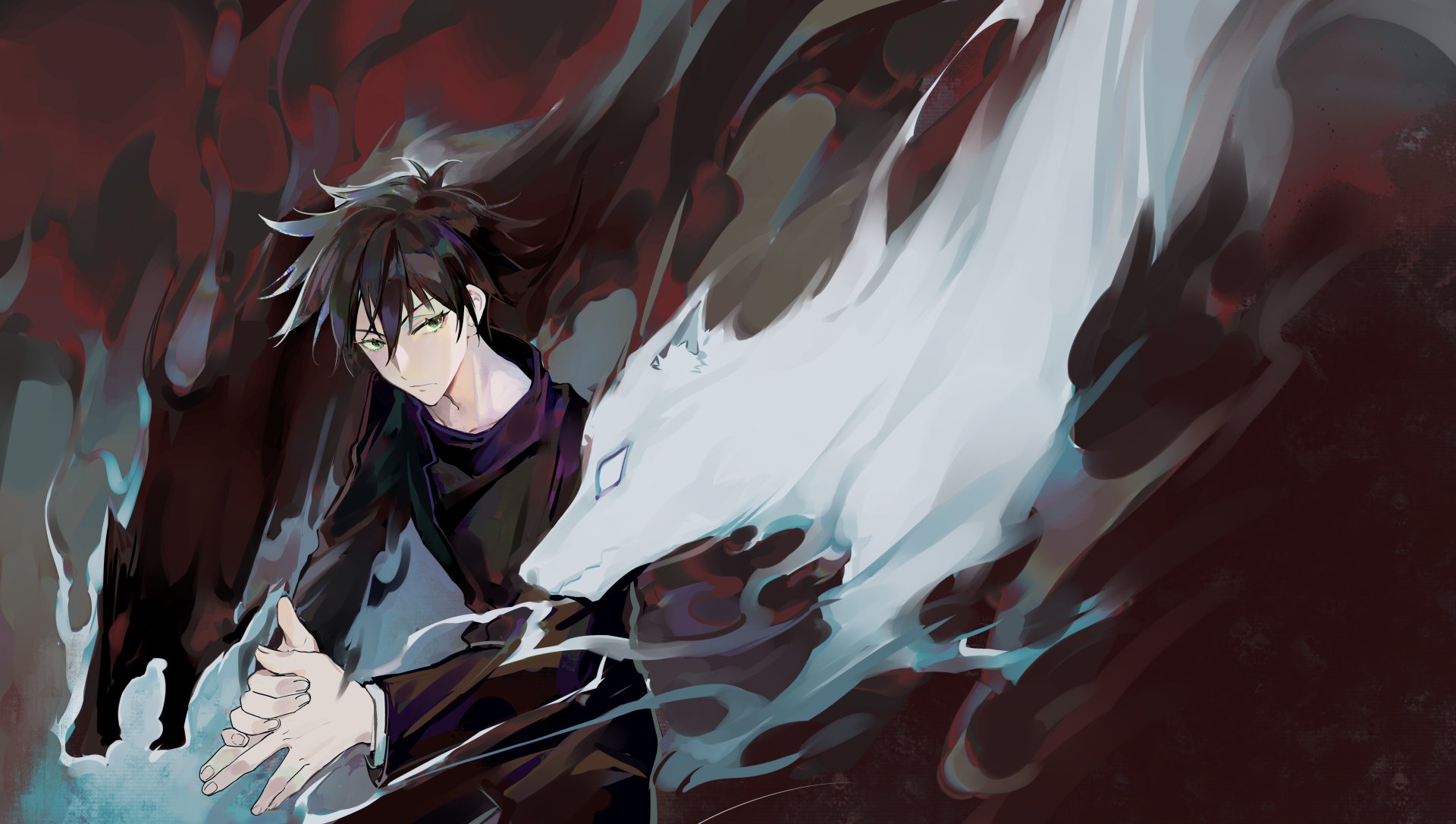 Megumi Fushiguro from Jujutsu Kaisen depicted with a dynamic dark and white wolf spirit aura in this 4K Ultra HD anime desktop wallpaper.