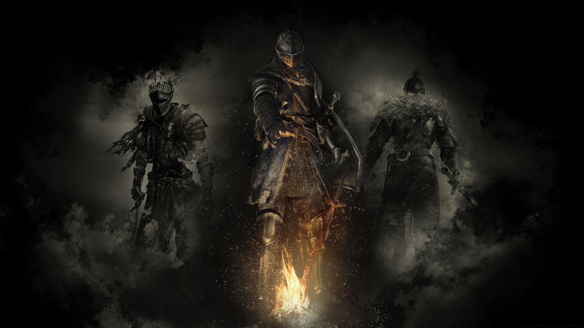 Dark Souls 4K Ultra HD PC wallpaper featuring three armored warriors in a dark, smoky setting with a glowing bonfire at the center.