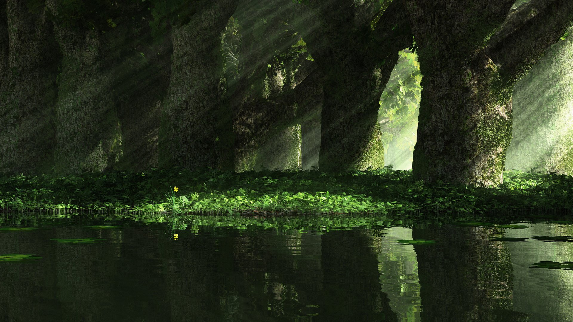 HD PC desktop wallpaper featuring a scenic nature view with sunlight streaming through moss-covered trees beside a calm reflective pond.