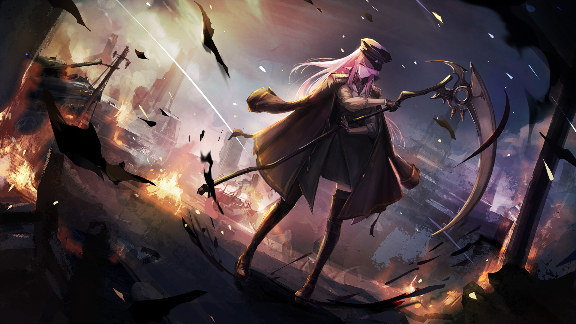 HD PC desktop wallpaper featuring Mori Calliope, a Hololive virtual YouTuber, depicted in dynamic anime style with dark, fiery background elements.