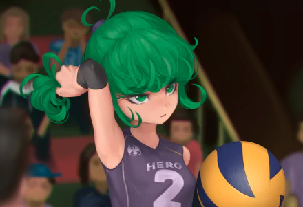 HD anime desktop wallpaper featuring Tatsumaki from One-Punch Man in a volleyball uniform, holding a volleyball with a focused expression.