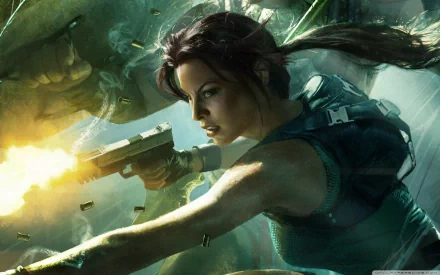 HD PC desktop wallpaper featuring Lara Croft from the video game Tomb Raider: The Guardian of Light, illuminated by dynamic light effects in an action-packed scene.
