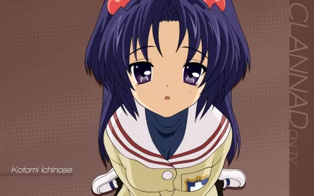 HD PC desktop wallpaper of Kotomi Ichinose from Clannad: close-up anime portrait in school uniform with blue hair, purple eyes and red ribbons against a muted brown background.