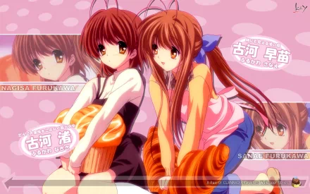 HD PC desktop wallpaper featuring Nagisa Furukawa and Sanae Furukawa from the anime Clannad, seated together against a pink patterned background with warm, soft shading.