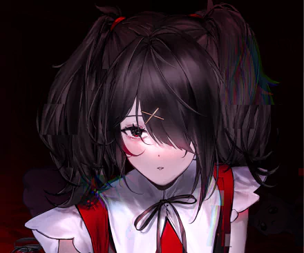 HD desktop wallpaper featuring Ame-chan from the video game NEEDY GIRL OVERDOSE, showcasing her dark hair, red eyes, and distinctive hairpins against a moody background.