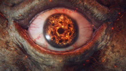 Close-up of a fiery, detailed eye from the video game Elden Ring, rendered in 4K Ultra HD for a striking PC desktop wallpaper.