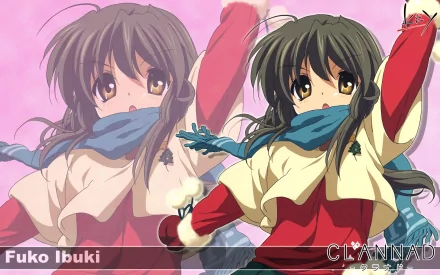 HD PC desktop wallpaper/background of Fuuko Ibuki from Clannad: cheerful anime girl in winter coat and teal scarf, with faded duplicate portrait and pink sky backdrop.