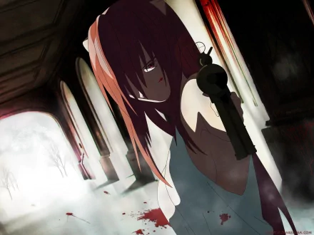 A striking HD wallpaper featuring Lucy from Elfen Lied, showcasing her intense expression and a gun, set against a hauntingly atmospheric background.