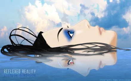 HD anime desktop wallpaper from Ergo Proxy featuring a reflective profile of a woman’s face with striking blue eye makeup against a serene sky background.