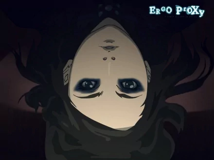 HD PC desktop wallpaper — Ergo Proxy anime: upside-down close-up of Re-l Mayer with pale skin, heavy dark eye makeup and flowing black hair on a moody shadowed background.