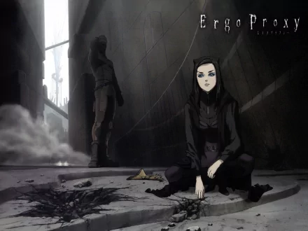 HD anime desktop wallpaper featuring a dark, atmospheric scene from Ergo Proxy with two characters in a shadowy urban setting.