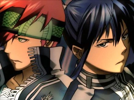 D.Gray-man HD PC wallpaper: anime close-up of Yu Kanda and red-haired Lavi back-to-back, intense expressions and dramatic lighting.