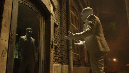 HD PC desktop wallpaper featuring a scene from the TV show Moon Knight, showing the character in his iconic white costume confronting his dark reflection in an urban alley.