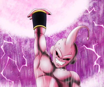 HD desktop wallpaper featuring Majin Buu from Dragon Ball Z, surrounded by purple lightning and energy aura in a dynamic anime style.