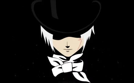 A striking HD wallpaper featuring Allen Walker from the anime D.Gray-man, showcasing his iconic look with a black hat and white bow tie against a dark background.
